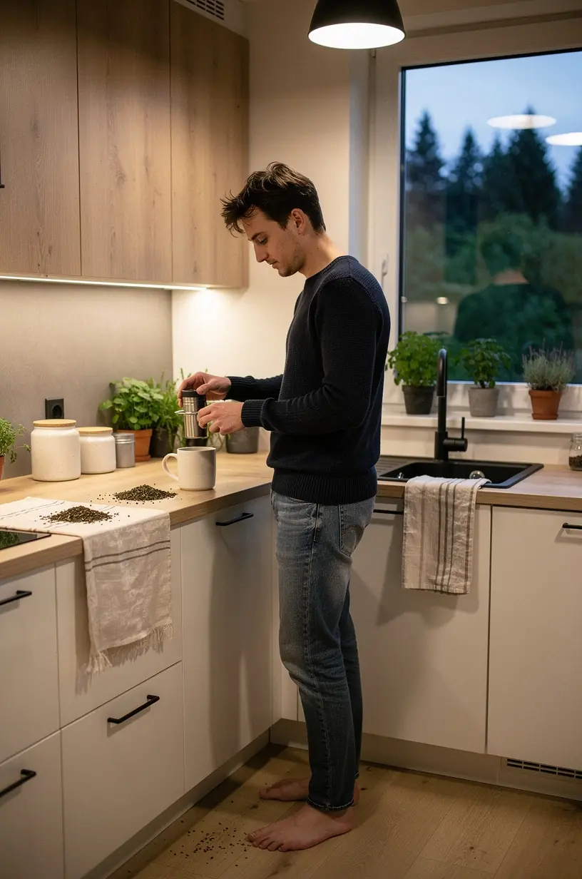 Žolelių arbatos paruošimo procesas – užpilamas karštas vanduo į arbatinuką.