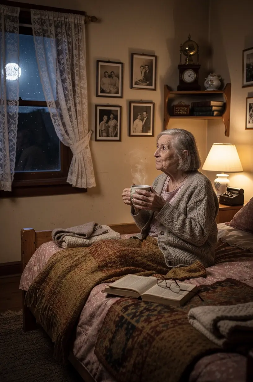 Stiklinė vandens ir žolelių arbatos puodelis ant naktinio staliuko prie lovos.