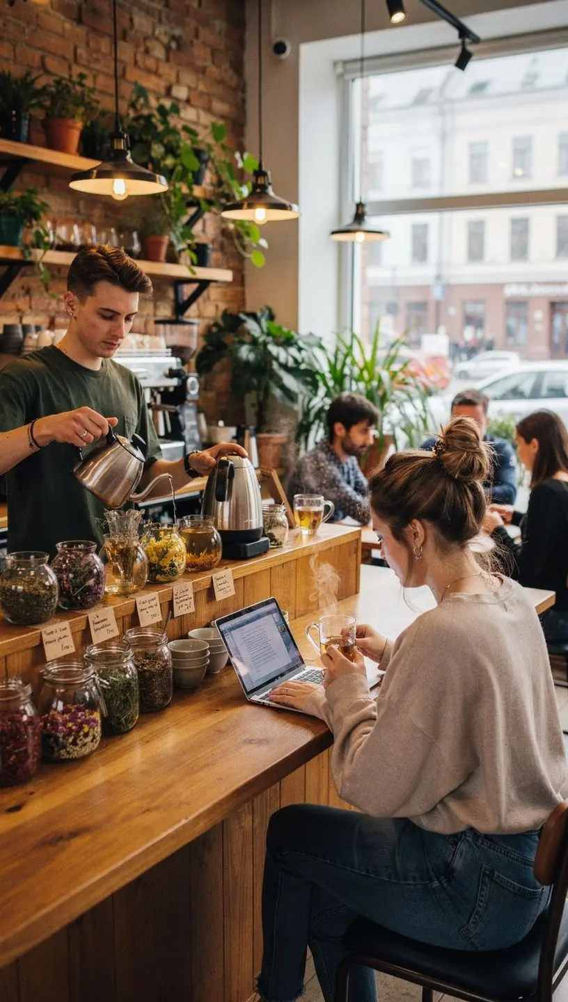 Ramiai sėdinti žmogaus ranka, laikanti arbatą šalia jaukios namų aplinkos.